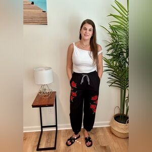 Floral Embroidered Black Pants